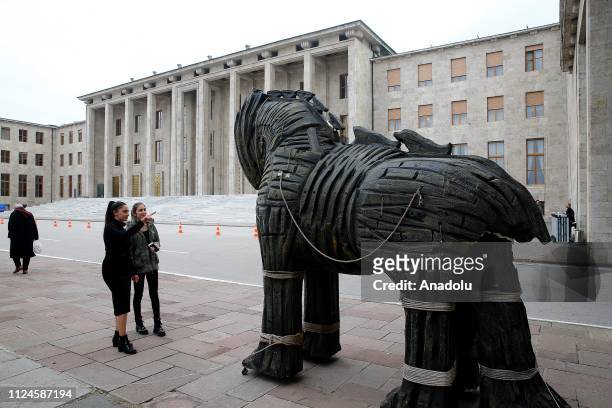 Trojan Horse statue is brought to Grand National Assembly of Turkey for the premier of Treasures of Troy: A Century Old Longing documentary in...