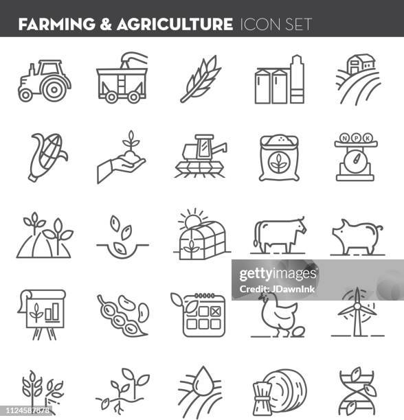 ilustrações de stock, clip art, desenhos animados e ícones de farm and agriculture flat simple outline line art design icon set - soja