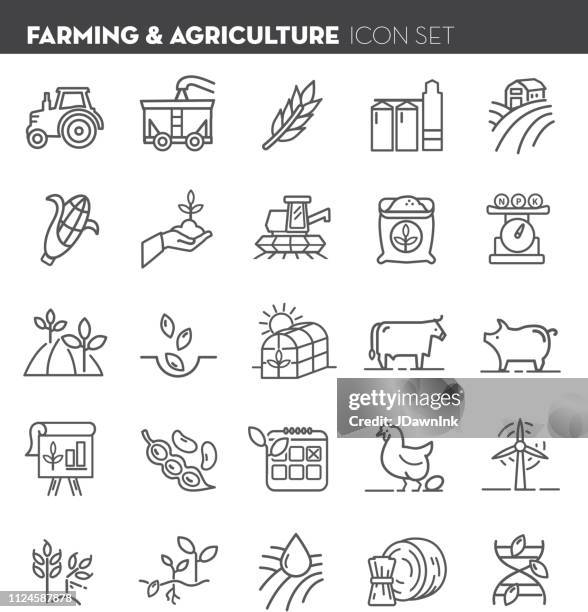 farm and agriculture flat simple outline line art design icon set - agriculture stock illustrations