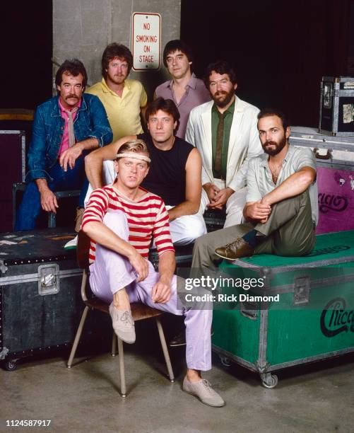 Chicago pre-concert backstage photo shoot. Back row: James Pankow, Walt Parazaider, Lee Loughnane, Bill Champlin , Robert Lamm , Danny Seraphine and...