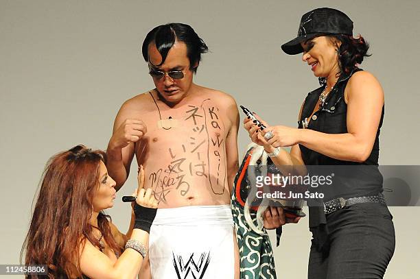Wrestlers Maria Kanellis, Comedian Kenji Tamura and Victoria attend the WWE "SummerSlam" Tokyo viewing party at Shinagawa Prince Hotel Stellar Ball...