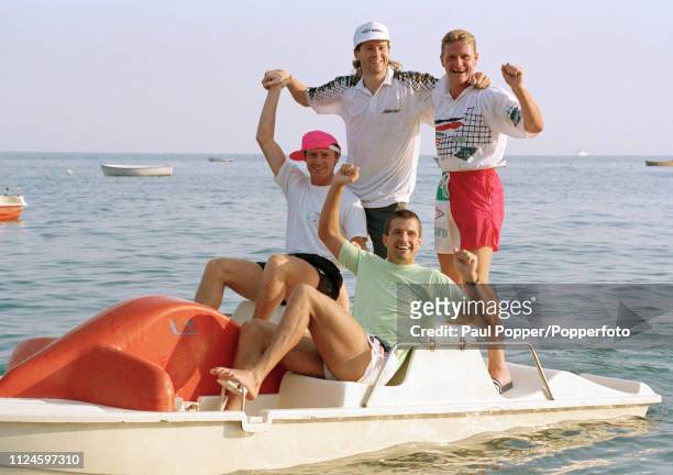 England footballers Steve McMahon , Steve Bull , Chris Waddle and Paul Gascoigne relax on a pedalo in the Bay of Naples, Italy, circa July 1990.