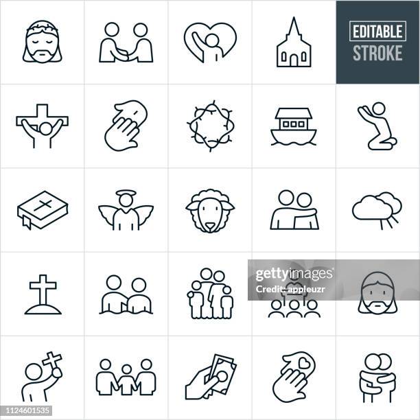 ilustraciones, imágenes clip art, dibujos animados e iconos de stock de iconos de línea de cristianismo - trazo editable - jesus