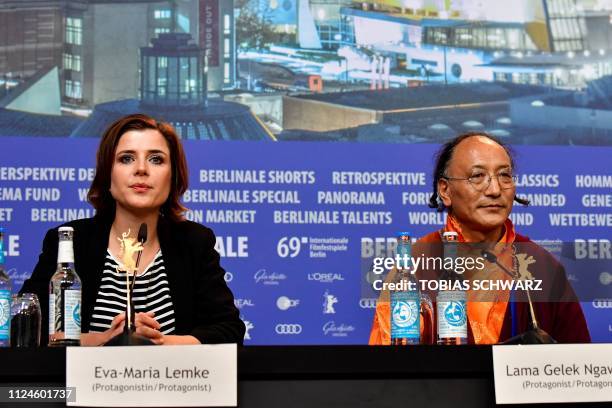 German journalist and protagonist Eva-Maria Lemke and protagonist Lama Gelek Ngawang attend a press conference for the film "Der Atem" screened in...