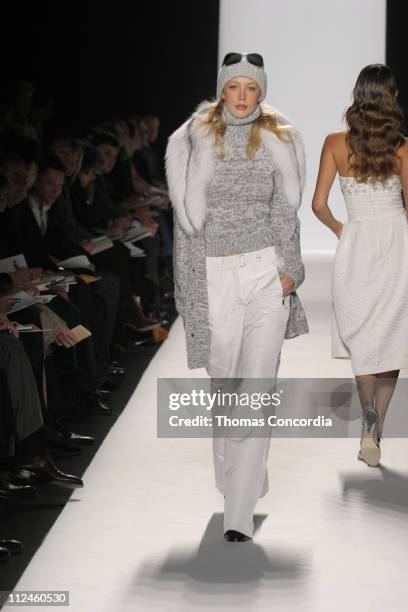 Raquel Zimmermann wearing Michael Kors Fall 2005 during Olympus Fashion Week Fall 2005 - Michael Kors - Runway at The Tent, Bryant Park in New York...