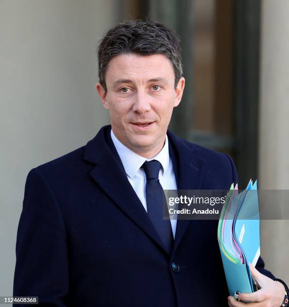 French Minister of State attached to the Prime Minister, Government Spokesman Benjamin Griveaux leaves the Elysee Palace after a weekly cabinet...