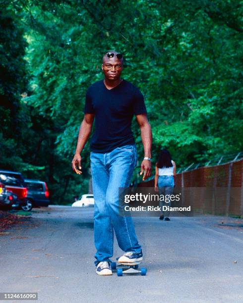 Singer/Songwriter Seal skateboards backstage before his performance at Chastain Park Amphitheater in Atlanta, Ga. On June 01, 1995