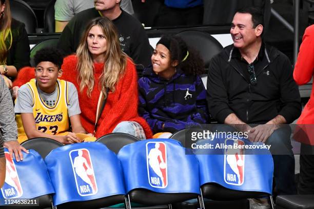 Heidi Klum and her kids Henry Samuel and Lou Samuel attend a basketball game between the Los Angeles Lakers and the Minnesota Timberwolves at Staples...