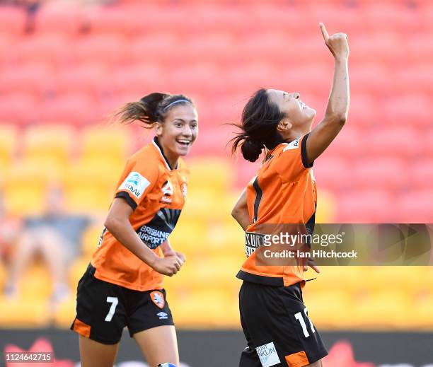 Yuki Nagasato of the Roar celebrates after scoring a goal during the round 13 W-League match between the Brisbane Roar and Canberra United at Suncorp...