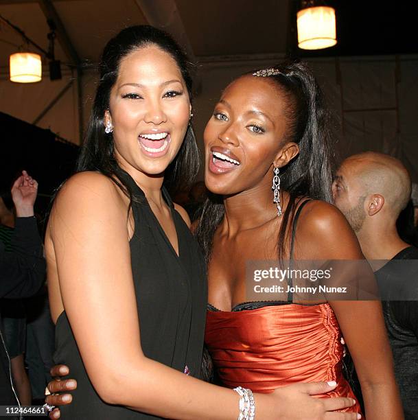 Kimora Lee Simmons and Naomi Campbell during Mercedes-Benz Fashion Week Spring 2004 - Baby Phat - Backstage at Gertrude Tent, Bryant Park in New York...