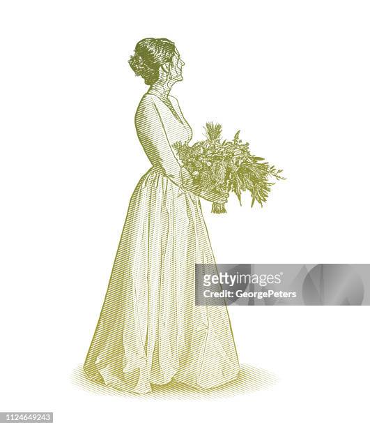 ilustraciones, imágenes clip art, dibujos animados e iconos de stock de novia, vestido de novia y ramo - happy smiling young woman side view