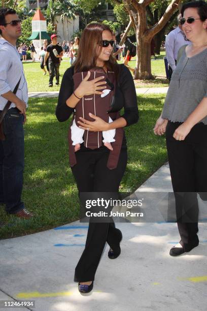 Actor Matt Damon's wife Luciana Damon and daughter Gia Zavala Damon attend an Early Voting Rally at University of Miami on October 27, 2008 in Coral...