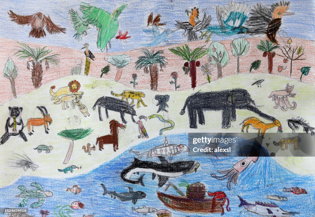 Wildlife animals life child drawing painting artwork sea fish sky birds