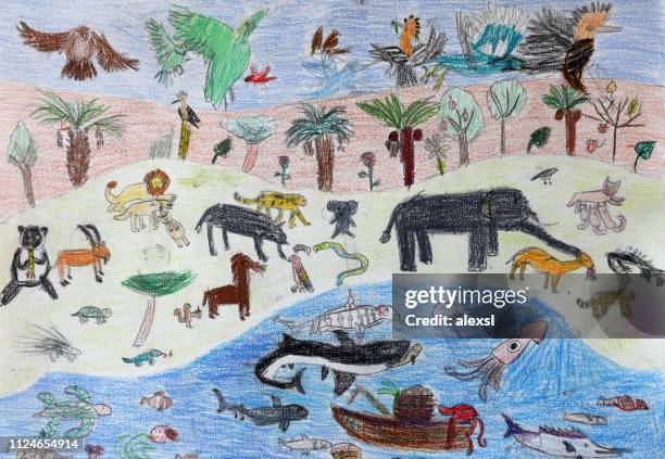 wildlife animals life child drawing painting artwork sea fish sky birds - fish painting stock illustrations