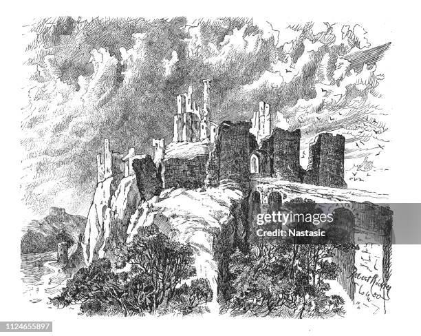 the ruins of corfe castle, dorset - corfe castle stock illustrations