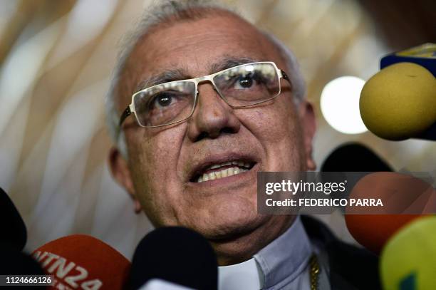 Archbishop of Merida cardinal, Baltazar Enrique Porras Cardozo offers a press conference at El Rosal church in Caracas, on February 13, 2019. -...
