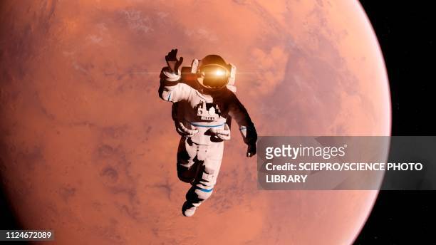 illustrazioni stock, clip art, cartoni animati e icone di tendenza di illustration of an astronaut in front of mars - spazio cosmico