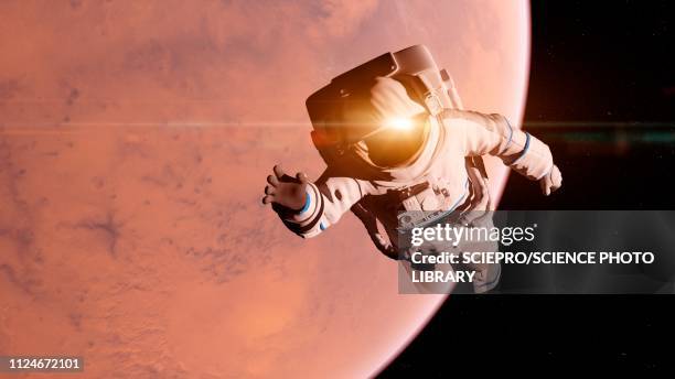 ilustrações de stock, clip art, desenhos animados e ícones de illustration of an astronaut in front of mars - space man on mars