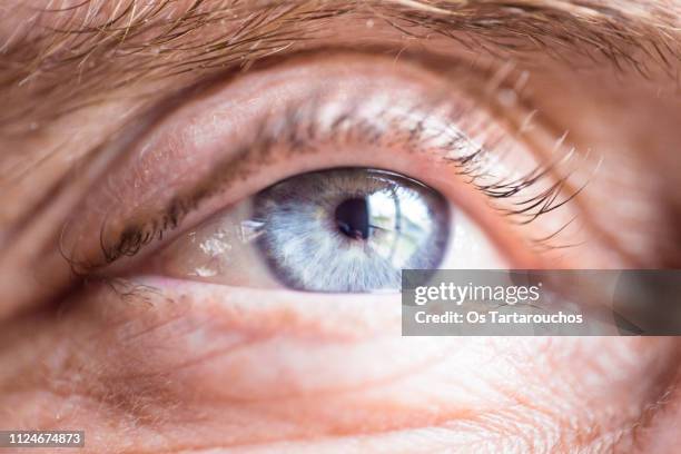 blue eye close up of an old man - iris mann stock-fotos und bilder