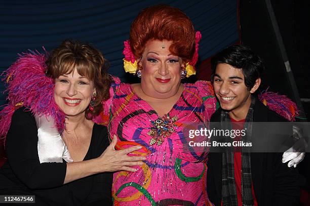 Joy Behar, Harvey Fierstein as "Edna Turnblad" and Mark Indelicato backstage at "Hairspray" on Broadway at The Neil Simon Theater on November 16,...