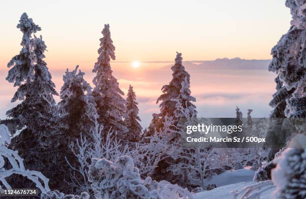 sunrise on tatra - babia góra mountain stockfoto's en -beelden