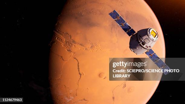 illustration of a satellite in front of mars - mars planet stock-grafiken, -clipart, -cartoons und -symbole