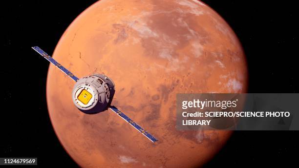 illustration of a satellite in front of mars - mars atmosphere stock illustrations