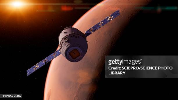 illustrazioni stock, clip art, cartoni animati e icone di tendenza di illustration of a satellite in front of mars - big tech