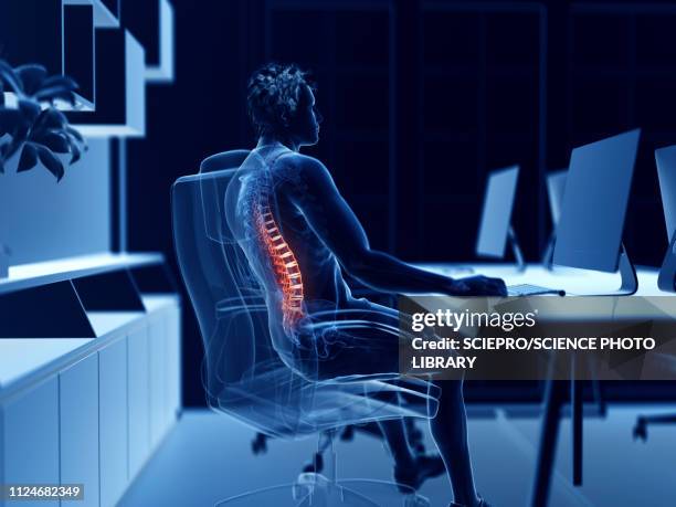 illustrazioni stock, clip art, cartoni animati e icone di tendenza di illustration of an office worker with a painful back - postura