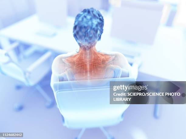 illustration of an office worker's painful muscles - neck muscle pain illustration stock illustrations