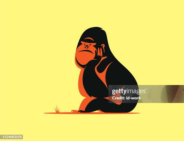 stockillustraties, clipart, cartoons en iconen met gorilla zitten en denken - verveling