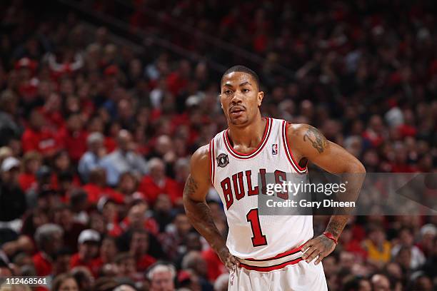 Derrick Rose of the Chicago Bulls stays focused against the Indiana Pacers in Game Two of the Eastern Conference Quarterfinals in the 2011 NBA...