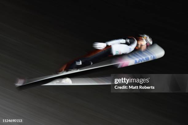 Taku Takeuchi of Japan competes during the qualification of the FIS Ski Jumping World Cup Sapporo at Okurayama Jump Stadium on January 25, 2019 in...