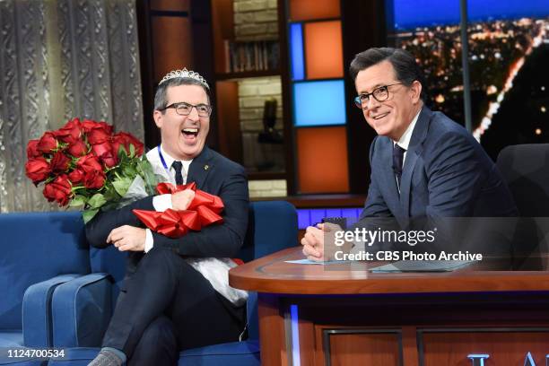 The Late Show with Stephen Colbert and guest John Oliver during Monday's February 11, 2019 show.