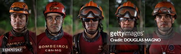This combination of pictures created on February 13, 2019 shows Minas Gerais Military Firefighters Vinicius Expedito de Brito e Silva Weslley...