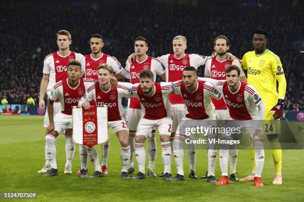 Back row Matthijs de Ligt of Ajax, Noussair Mazraoui of Ajax, Dusan Tadic of Ajax, Donny van de Beek of Ajax, Daley Blind of Ajax, Ajax goalkeeper...