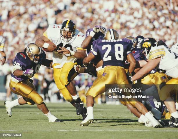 Nick Bell, Running Back for the University of Iowa Hawkeyes runs the ball during the NCAA 77th Rose Bowl college football game against the University...