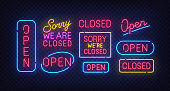 Closed neon sign. Open neon sign. Isolated signs. Label, emblem. Bright signboard, light banner. Vector illustration