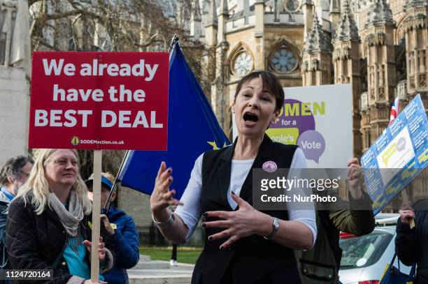 Caroline Lucas MP speaks during an anti-Brexit protest outside the Houses of Parliament in London on 13 February, 2019. Yesterday Prime Minister...