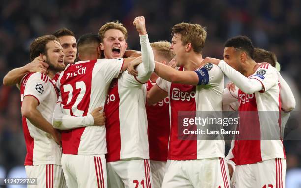 Nicolas Tagliafico of Ajax celebrates after scoring his team's first goal with his team mates but the goal is later disallowed by the VAR during the...