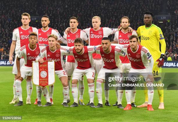 Ajax's players pose for a team picture prior to the UEFA Champions league round of 16 first leg football match between Ajax Amsterdam and Real Madrid...