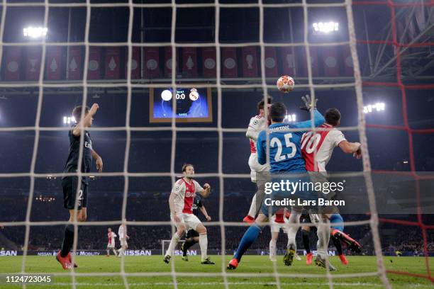 Nicolas Tagliafico of Ajax scores his team's first goal past Thibaut Courtois of Real Madrid but it is later disallowed by VAR during the UEFA...