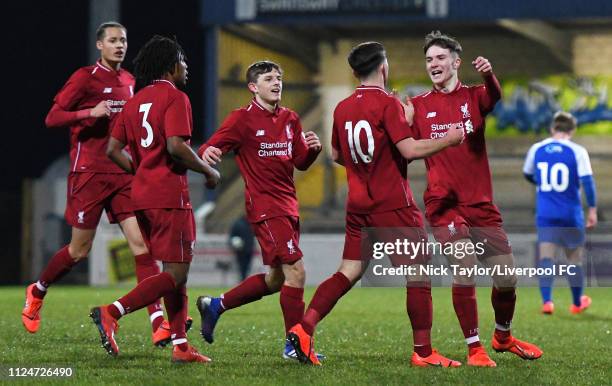 Bobby Duncan of Liverpool celebrates his goal with team mates Rhys Williams, Yasser Larouci, Leighton Clarkson and Morgan Boyes during the FA Youth...