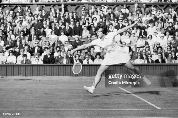 Billie Jean King vs Britain's Winnie Shaw during there Centre Court Women's Singles match at Wimbledon 1966. King won 6-2, 8-6. 22nd June 1966.