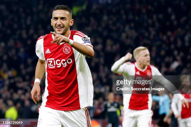 Hakim Ziyech of Ajax celebrates 1-1 during the UEFA Champions League match between Ajax v Real Madrid at the Johan Cruijff Arena on February 13, 2019...