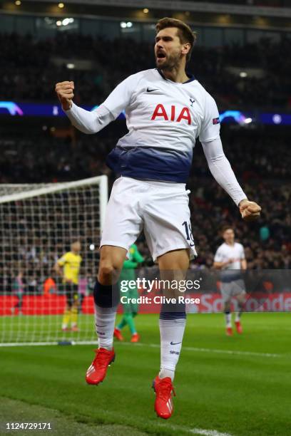 Fernando Llorente of Tottenham Hotspur celebrates after scoring his team's third goal during the UEFA Champions League Round of 16 First Leg match...