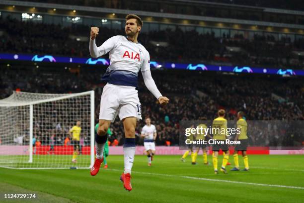 Fernando Llorente of Tottenham Hotspur celebrates after scoring his team's third goal during the UEFA Champions League Round of 16 First Leg match...