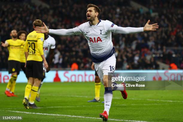 Fernando Llorente of Tottenham Hotspur celebrates after scoring his team's third goal during the UEFA Champions League Round of 16 First Leg match...