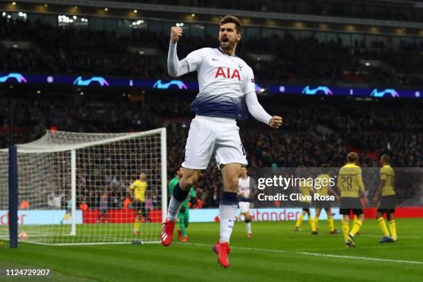 Fernando Llorente of Tottenham Hotspur celebrates after scoring his team's third goal during the UEFA Champions League Round of 16 First Leg match...