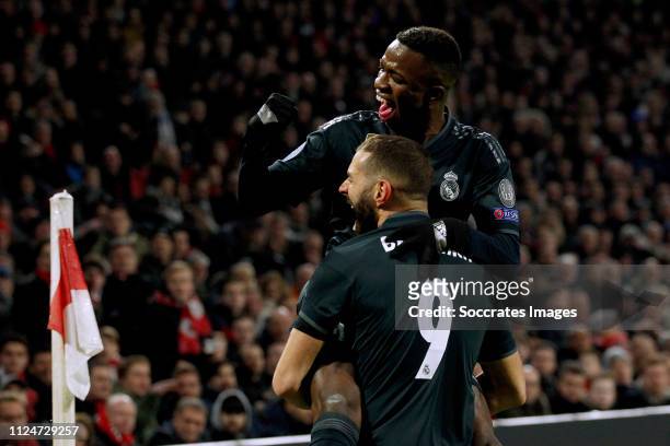 Vinicius Junior of Real Madrid, Karim Benzema of Real Madrid celebrate 0-1 during the UEFA Champions League match between Ajax v Real Madrid at the...